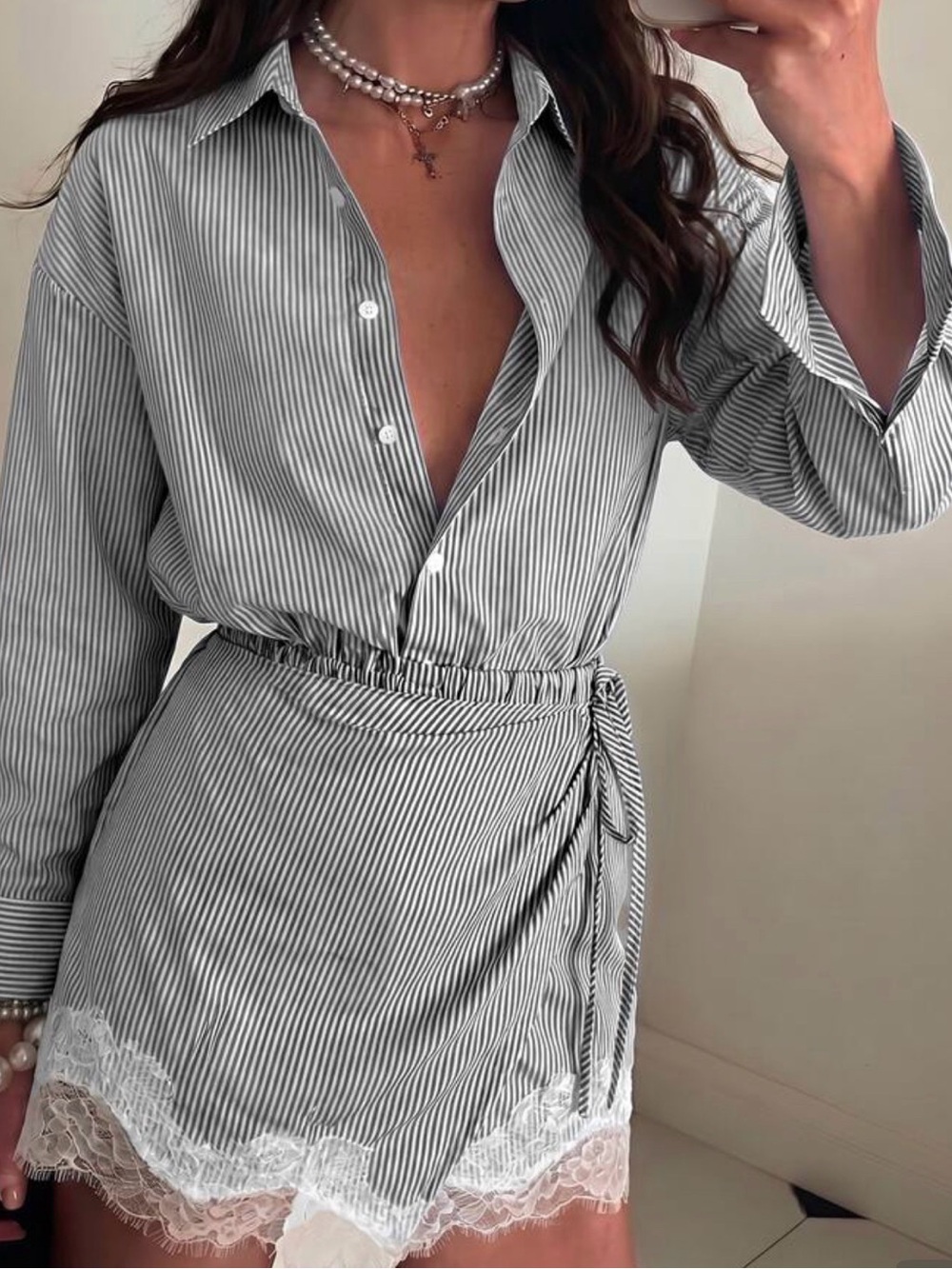 Striped Lace-Trim Mini Shirt Dress - Black/White